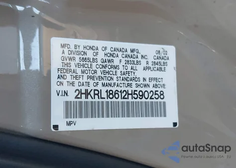 2002 Honda Odyssey Ex z USA, uszkodzony, nr VIN 2HKRL18612H590258